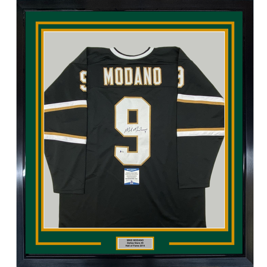 Framed Autographed/Signed Mike Modano 35x39 Dallas Black Hockey Jersey Beckett BAS COA