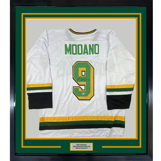 Framed Autographed/Signed Mike Modano 35x39 Minnesota White Hockey Jersey Beckett BAS COA