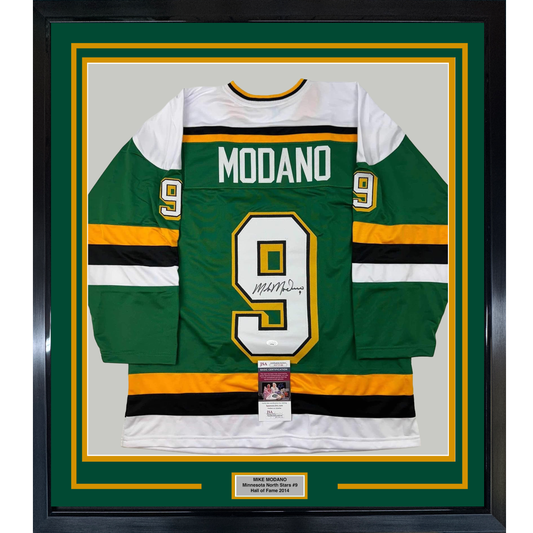 Framed Autographed/Signed Mike Modano HOF 2014 35x39 Minnesota Green Hockey Jersey Beckett BAS COA