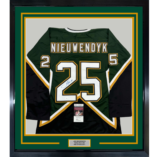Framed Autographed/Signed Joe Nieuwendyk 35x39 Dallas Green Hockey Jersey JSA COA