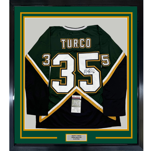 Framed Autographed/Signed Marty Turco 35x39 Dallas Green Hockey Jersey JSA COA