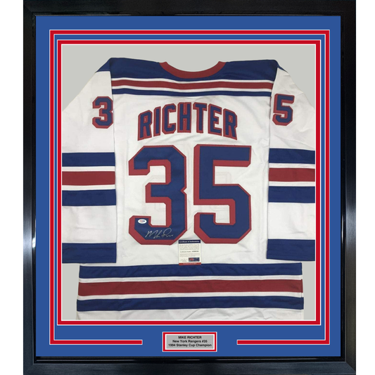Framed Autographed/Signed Mike Richter 35x39 New York White Hockey Jersey PSA/DNA COA