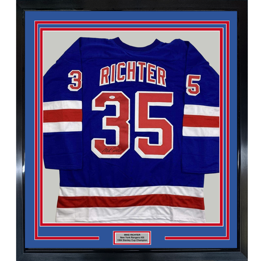 Framed Autographed/Signed Mike Richter 35x39 New York Blue Hockey Jersey PSA/DNA COA
