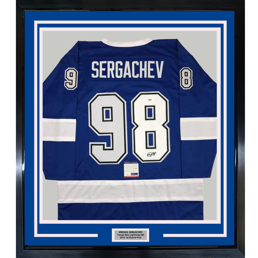 Framed Autographed/Signed Mikhail Sergachev 35x39 Tampa Bay Blue Hockey Jersey PSA/DNA COA