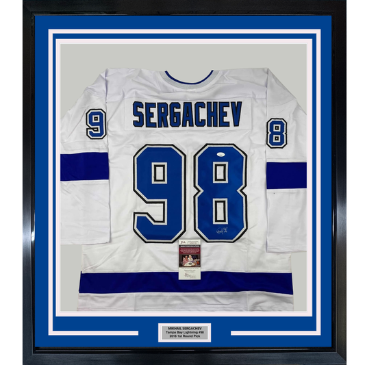 Framed Autographed/Signed Mikhail Sergachev 35x39 Tampa Bay White Hockey Jersey JSA COA