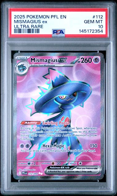 Graded 2025 PKM PFL EN Mismagius ex #112 Ultra Rare Trading Card Game PSA 10 Gem Mint