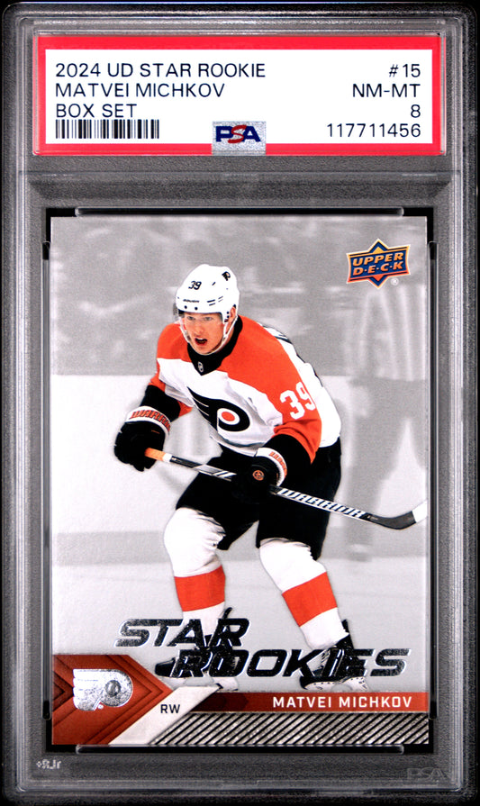 Graded 2024 Upper Deck Star Rookie Matvei Michkov #15 Box Set Rookie RC Hockey Card PSA 8 Near Mint