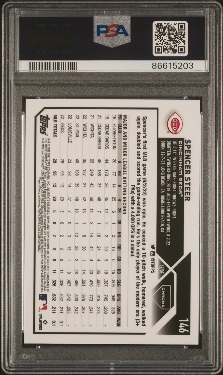 Graded 2023 Topps Chrome Spencer Steer #146 Magenta #/399 Rookie RC Baseball Card PSA 10 Gem Mint