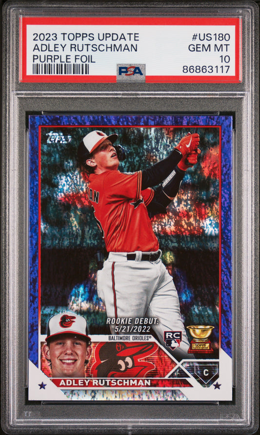 Graded 2023 Topps Update Adley Rutschman #US180 Purple Foil #/799 Rookie RC Baseball Card PSA 10 Gem Mint