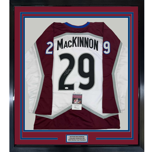 Framed Autographed/Signed Nathan MacKinnon 35x39 Colorado White Hockey Jersey JSA COA #2