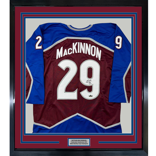 Framed Facsimile Autographed Nathan MacKinnon 35x39 Colorado Maroon Reprint Laser Auto Hockey Jersey