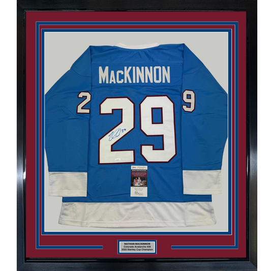 Framed Autographed/Signed Nathan MacKinnon 35x39 Colorado Blue Hockey Jersey JSA COA