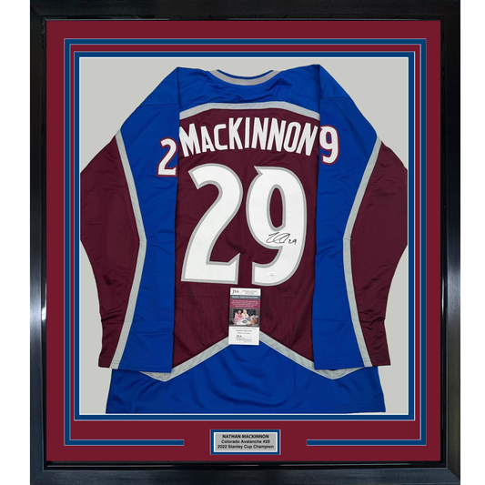 Framed Autographed/Signed Nathan MacKinnon 35x39 Colorado Maroon Hockey Jersey JSA COA
