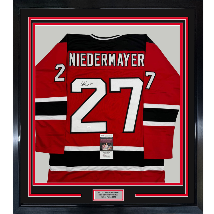Framed Autographed/Signed Scott Niedermayer "HOF 2013" 35x39 New Jersey Red Hockey Jersey JSA COA