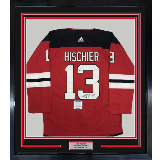 Framed Autographed/Signed Nico Hischier 35x39 New Jersey Red Hockey Jersey Beckett BAS COA