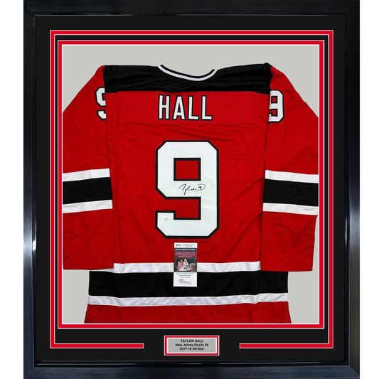 Framed Autographed/Signed Taylor Hall 35x39 New Jersey Red Hockey Jersey JSA COA
