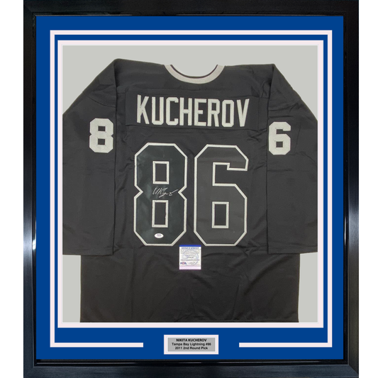 Framed Autographed/Signed Nikita Kucherov 35x39 Tampa Bay Black Hockey Jersey PSA/DNA COA