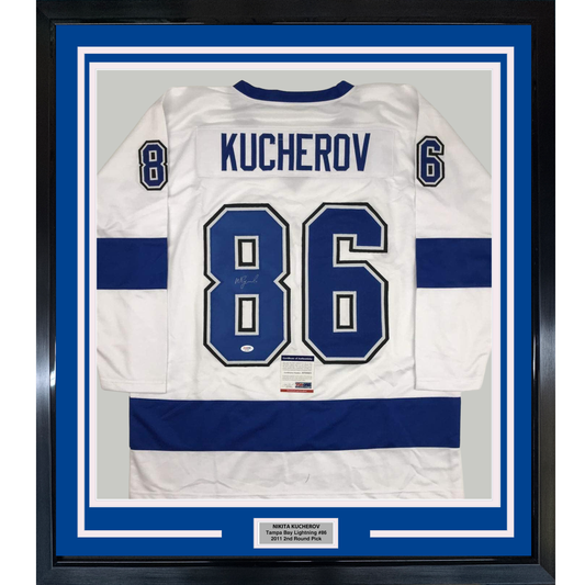 Framed Autographed/Signed Nikita Kucherov 35x39 Tampa Bay White Hockey Jersey PSA/DNA COA