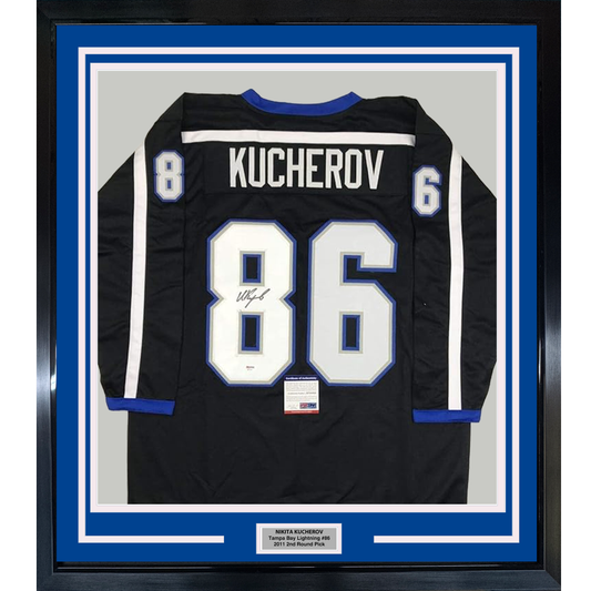 Framed Autographed/Signed Nikita Kucherov 35x39 Tampa Bay Black Retro Hockey Jersey PSA/DNA COA