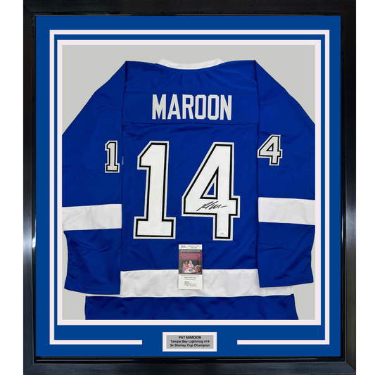 Framed Autographed/Signed Pat Maroon 35x39 Tampa Bay Blue Hockey Jersey JSA COA
