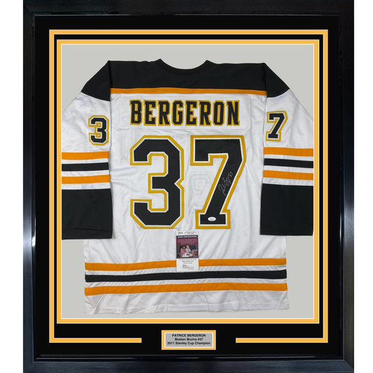 Framed Autographed/Signed Patrice Bergeron 35x39 Boston White Hockey Jersey JSA COA