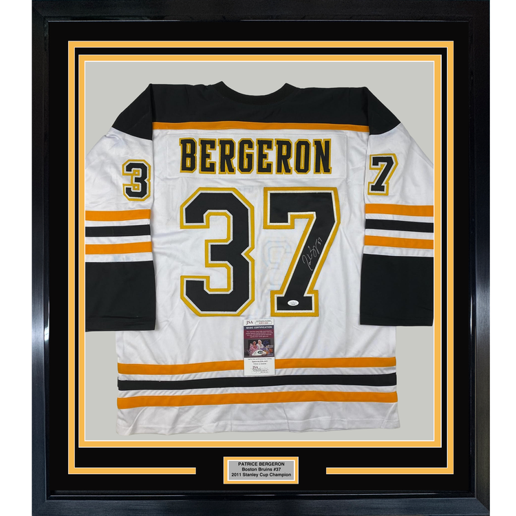 Framed Autographed/Signed Patrice Bergeron 35x39 Boston White Hockey Jersey JSA COA