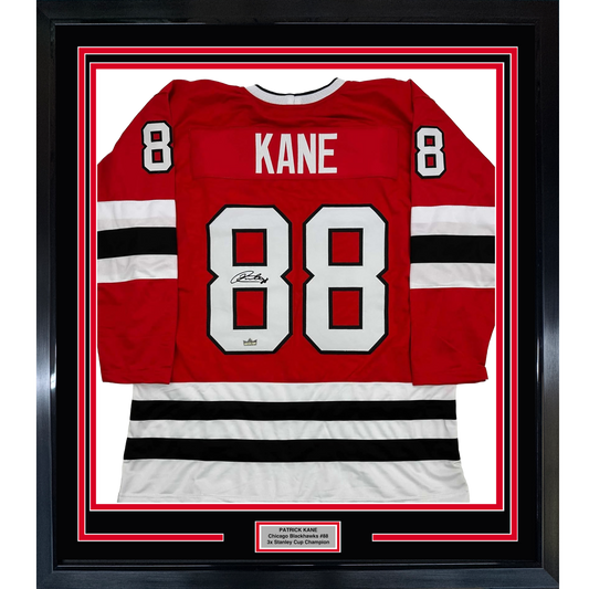 Framed Facsimile Autographed Patrick Kane 35x39 Chicago Red Reprint Laser Auto Hockey Jersey