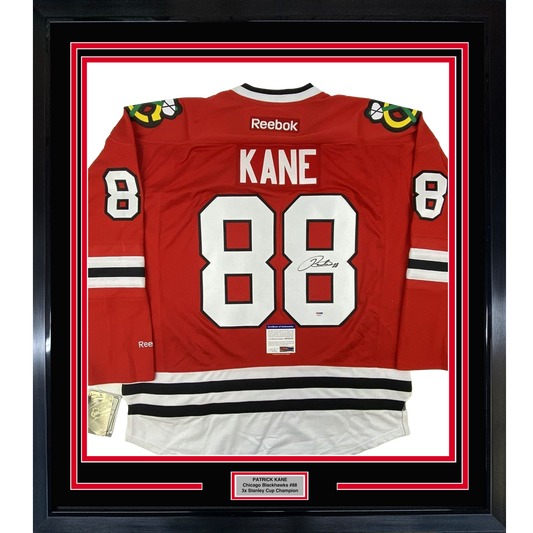 Framed Autographed/Signed Patrick Kane 35x39 Chicago Blackhawks Red Hockey Jersey PSA/DNA COA
