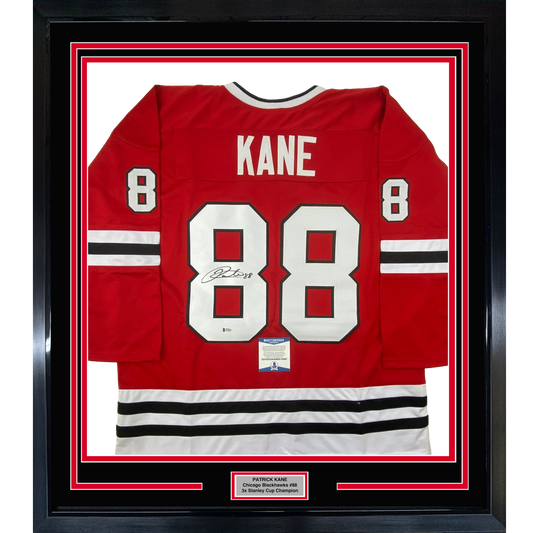 Framed Autographed/Signed Patrick Kane 35x39 Chicago Red Hockey Jersey Beckett BAS COA