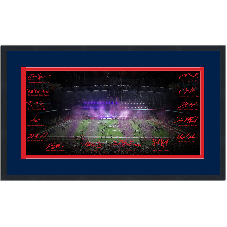 Framed New England Patriots Super Bowl LI Champions Facsimile Signature Team Auto 16x24 Football Photo