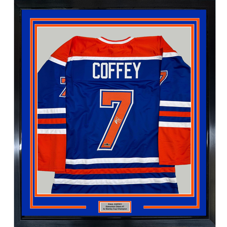 Framed Facsimile Autographed Paul Coffey 35x39 Edmonton Blue Reprint Laser Auto Hockey Jersey