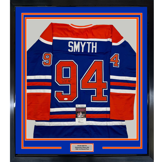Framed Autographed/Signed Ryan Smyth 35x39 Edmonton Blue Hockey Jersey JSA COA