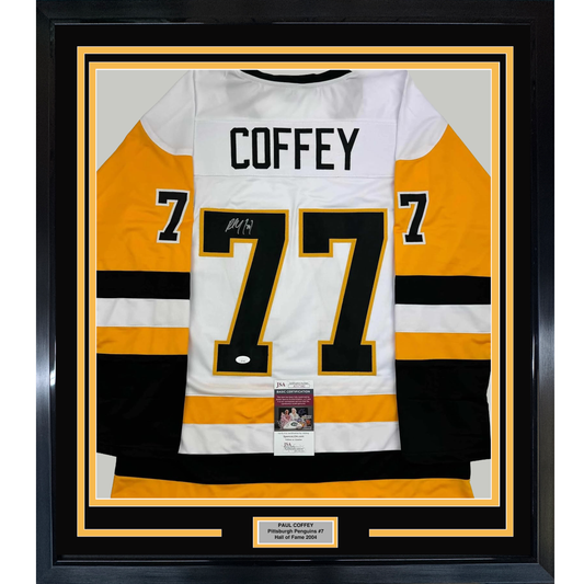 Framed Autographed/Signed Paul Coffey 35x39 Pittsburgh White Hockey Jersey JSA COA