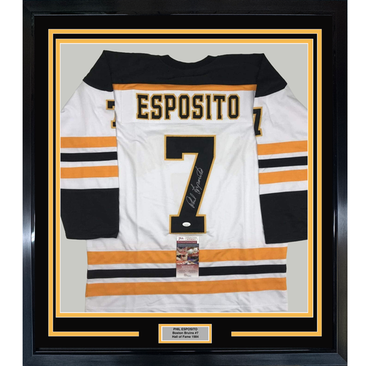 Framed Autographed/Signed Phil Esposito 35x39 Boston White Hockey Jersey JSA COA