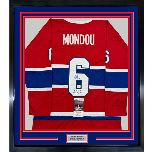 Framed Autographed/Signed Pierre Mondou "3 Cups 77-78-79" 35x39 Montreal Red Hockey Jersey JSA COA
