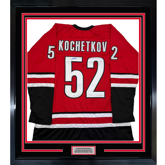 Framed Autographed/Signed Pyotr Kochetkov 35x39 Carolina Red Hockey Jersey JSA COA