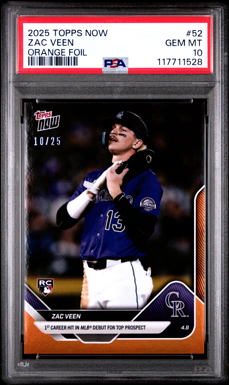 Graded 2025 Topps Now Zac Veen #52 Orange Foil /25 Rookie RC Baseball Card PSA 10 Gem Mint