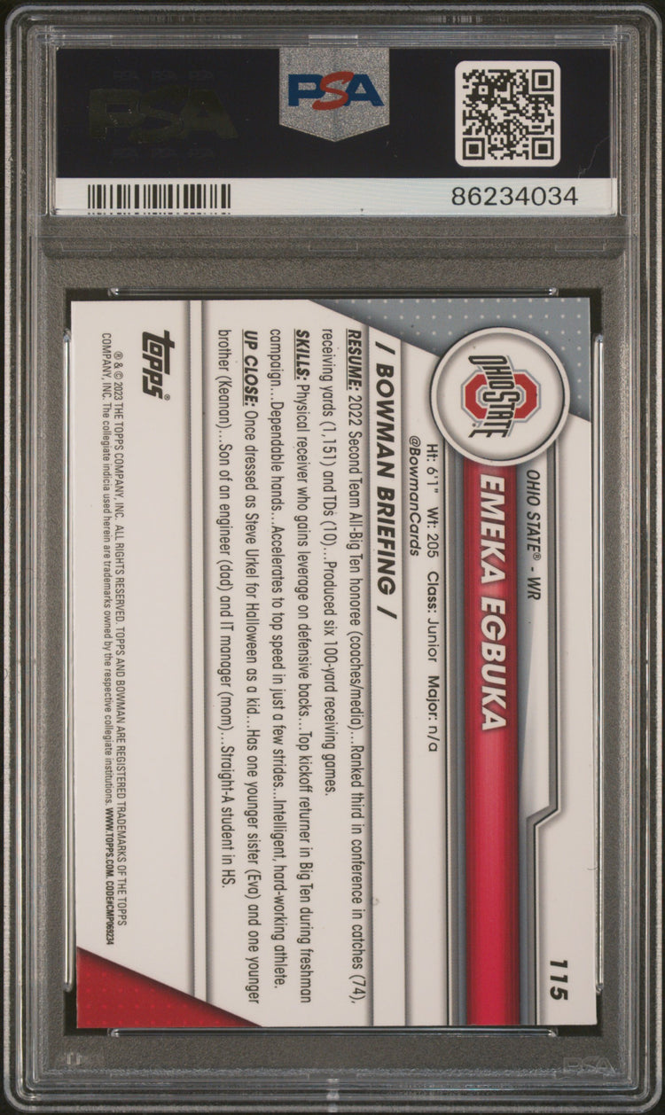 Graded 2023 Topps Bowman U Sapphire Emeka Egbuka #115 Rookie RC Football Card PSA 10 Gem Mint