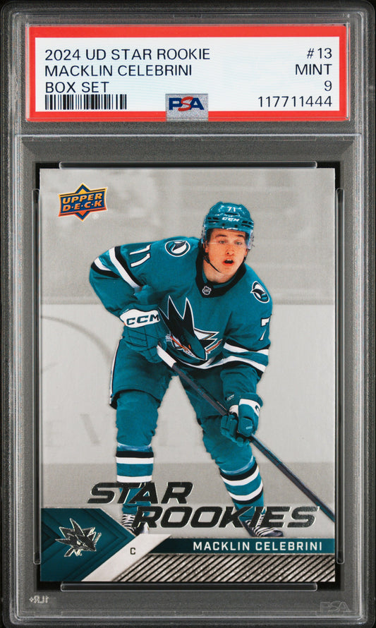 Graded 2024 Upper Deck Star Rookie Macklin Celebrini #13 Box Set Rookie RC Hockey Card PSA 9 Mint