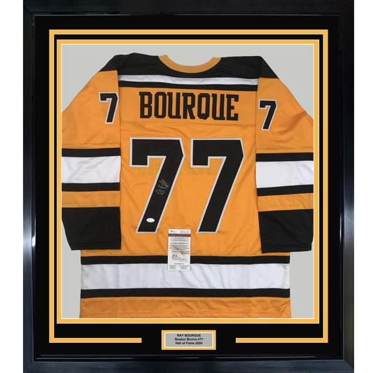 Framed Autographed/Signed Ray Bourque 35x39 Boston Yellow Hockey Jersey JSA COA
