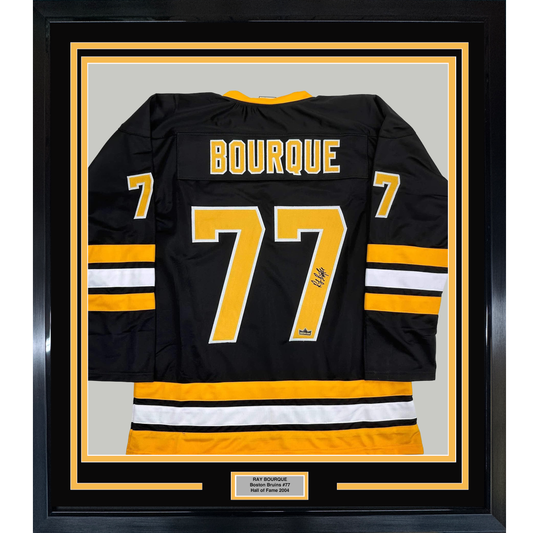 Framed Facsimile Autographed Ray Bourque 35x39 Boston Black Reprint Laser Auto Hockey Jersey