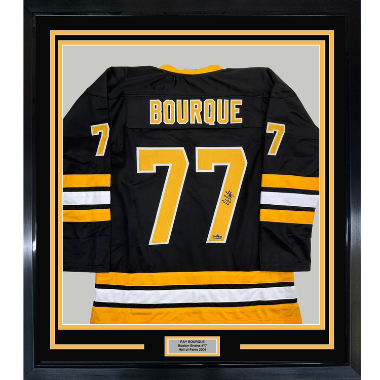 Framed Facsimile Autographed Ray Bourque 35x39 Boston Black Reprint Laser Auto Hockey Jersey