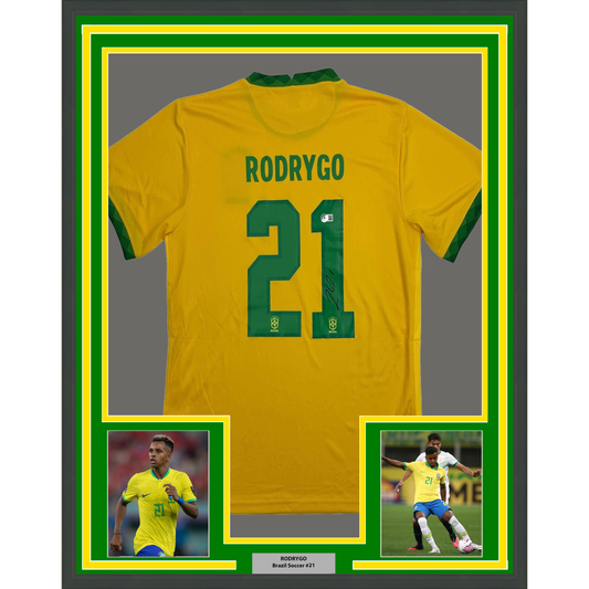 Framed Autographed/Signed Rodrygo Silva de Goes 35x39 Brazil Yellow Soccer World Cup Jersey Beckett BAS COA