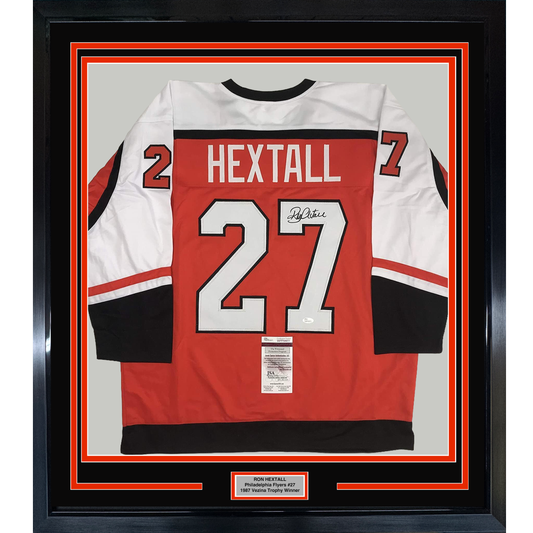 Framed Autographed/Signed Ron Hextall 35x39 Philadelphia Orange Hockey Jersey JSA COA