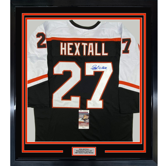 Framed Autographed/Signed Ron Hextall 35x39 Philadelphia Black Hockey Jersey JSA COA