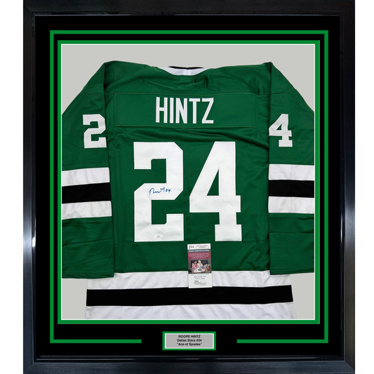 Framed Autographed/Signed Roope Hintz 35x39 Dallas Green Hockey Jersey JSA COA