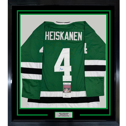 Framed Autographed/Signed Miro Heiskanen 35x39 Dallas Green Retro Hockey Jersey JSA COA