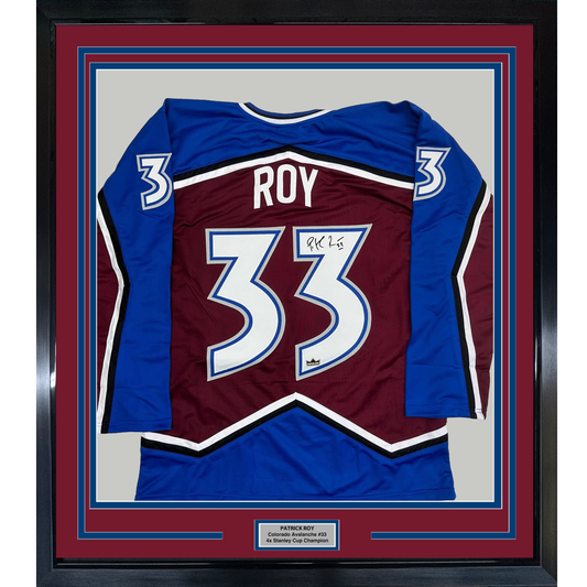 Framed Facsimile Autographed Patrick Roy 35x39 Colorado Maroon Reprint Laser Auto Hockey Jersey