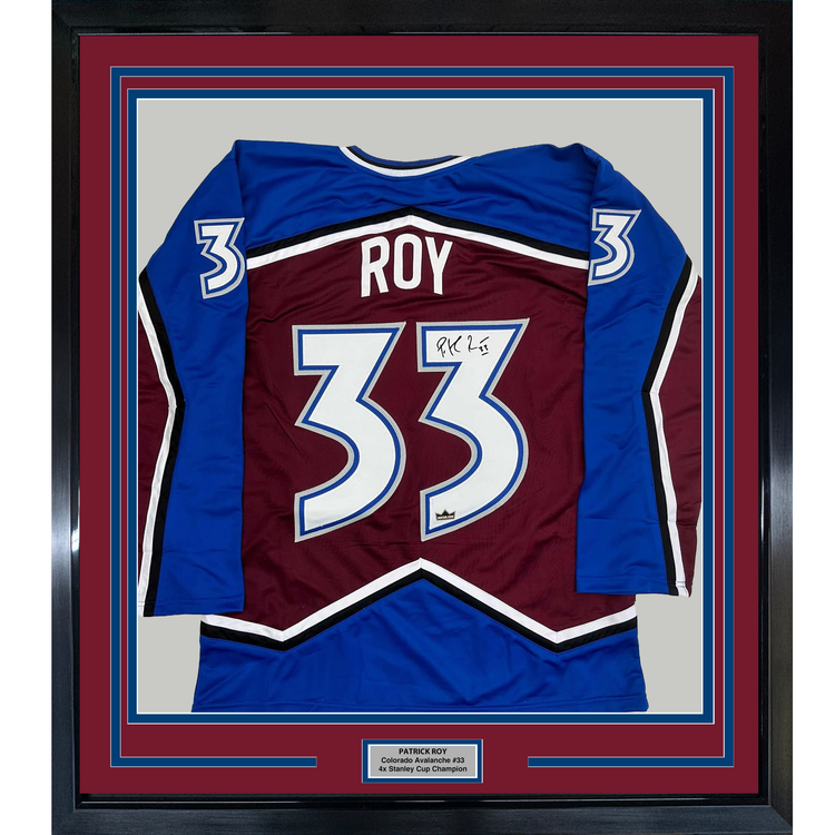 Framed Facsimile Autographed Patrick Roy 35x39 Colorado Maroon Reprint Laser Auto Hockey Jersey
