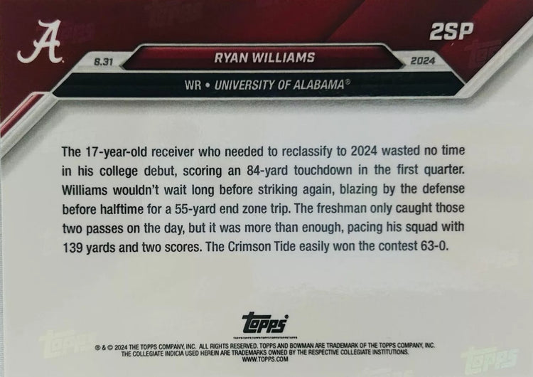 2024 Topps Bowman U Now Ryan Williams #2SP Alabama Crimson Rookie RC Football Card